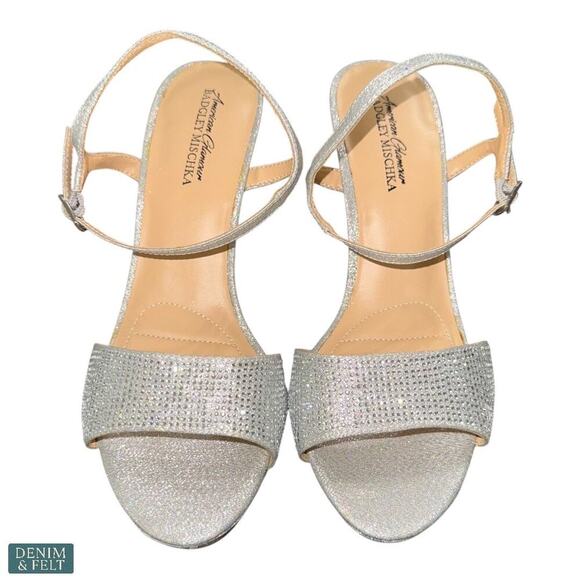 Badgley Mischka Silver Glitter Heels Sandals 10W Rhinestone Ankle Strap Dressy - Picture 2 of 16
